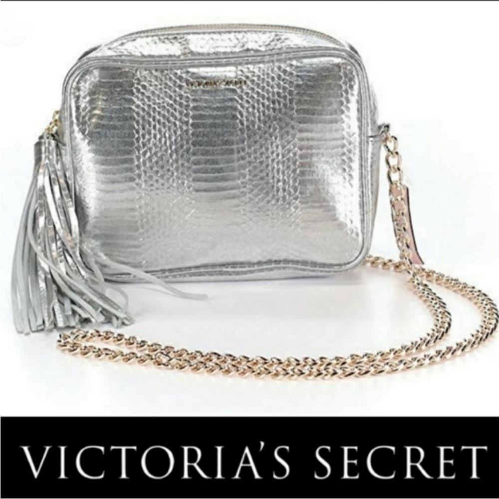 NWT Victoria's Secret Tassel Metallic Silver Snakeskin Gold Chain Crossbody